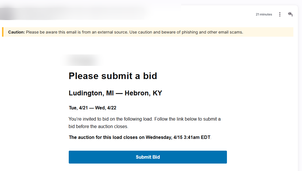 Bid email from carrier