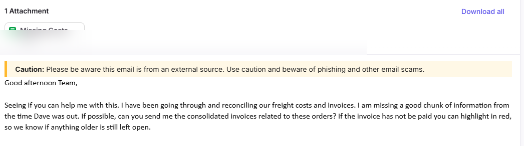 Missing costs reconciliation email